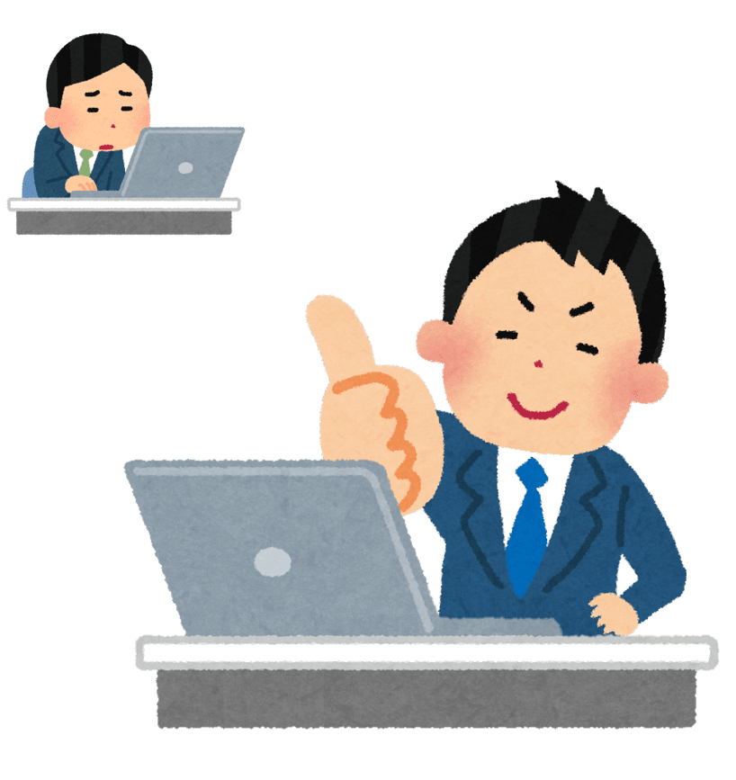 男性会社員がノートパソコンの前に座り右手親指を立てててGoodサインを出している画像